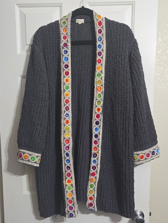 POL Sweaters - POL Charcoal Open Knit Cardigan with Rainbow Trim